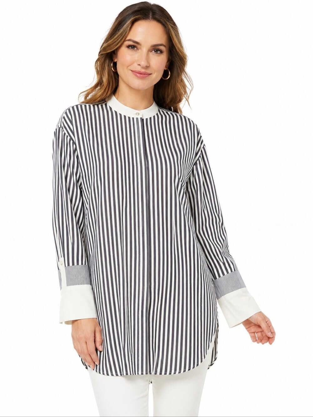 Lafayette 148 Marianna Saxony Stripe Tunic Blouse XL Cotton Stretch Top